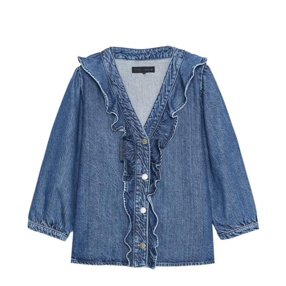 NWT Zara Denim Ruffle Button-Front Blouse In Dark Wash - M - Picture 3 of 7